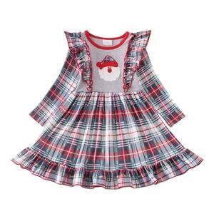 Girls Christmas Santa Clause Applique Grey Plaid Ruffled Dress Medium 3T